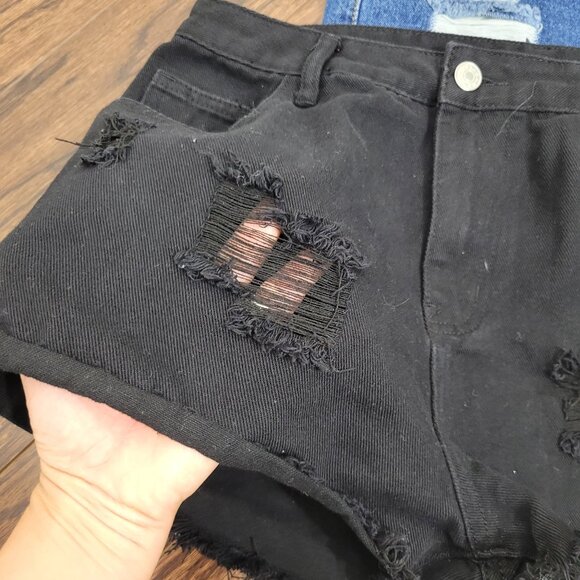 Shein Women's Blue & Black Denim Casual Ripped Cut Out Two Jeans Shorts Sz Large - Picture 2 of 8